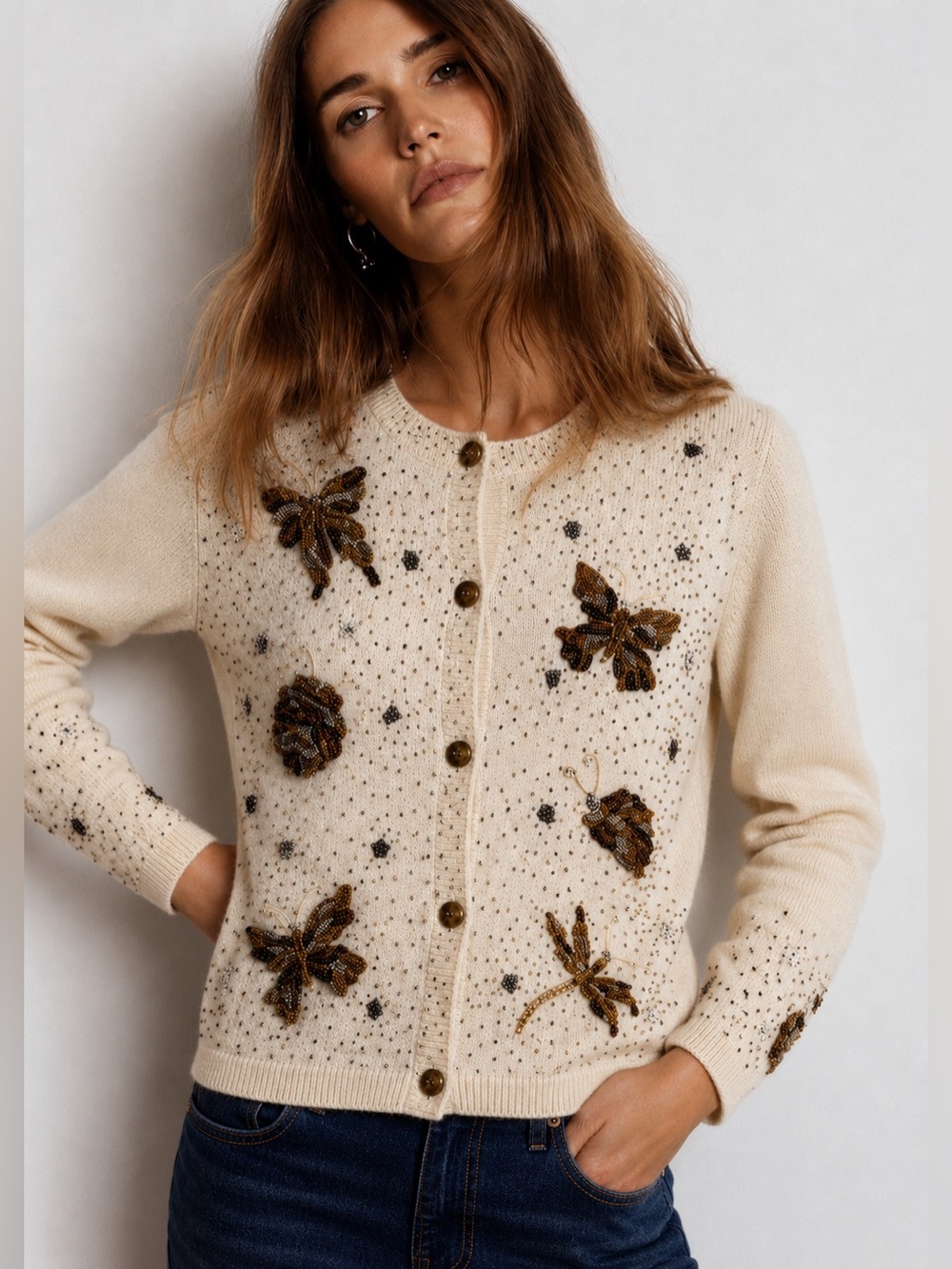 Vintage Beaded Cardigan Sweater Bugs Butterflies Dragonflies Unique Cream  *V